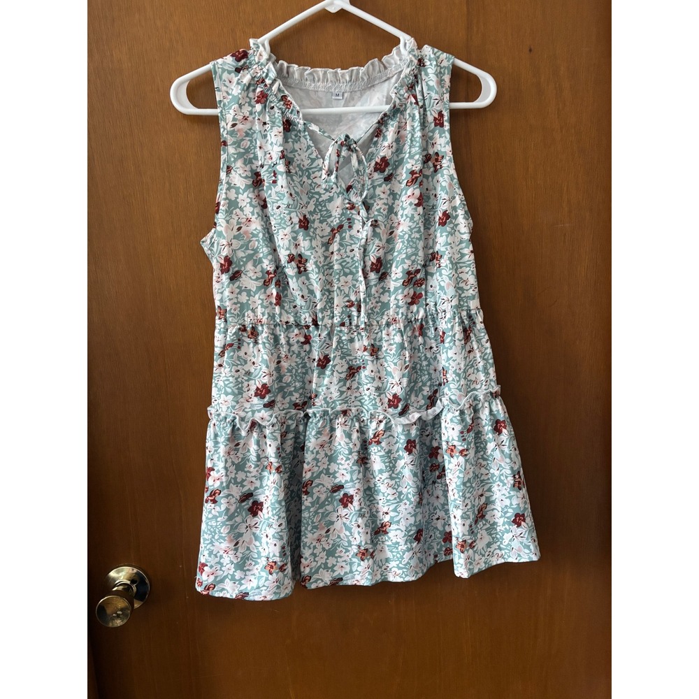 Unbranded Floral Tiered Sleeveless Top Green Burgundy Ruffle Neck Size‎ M